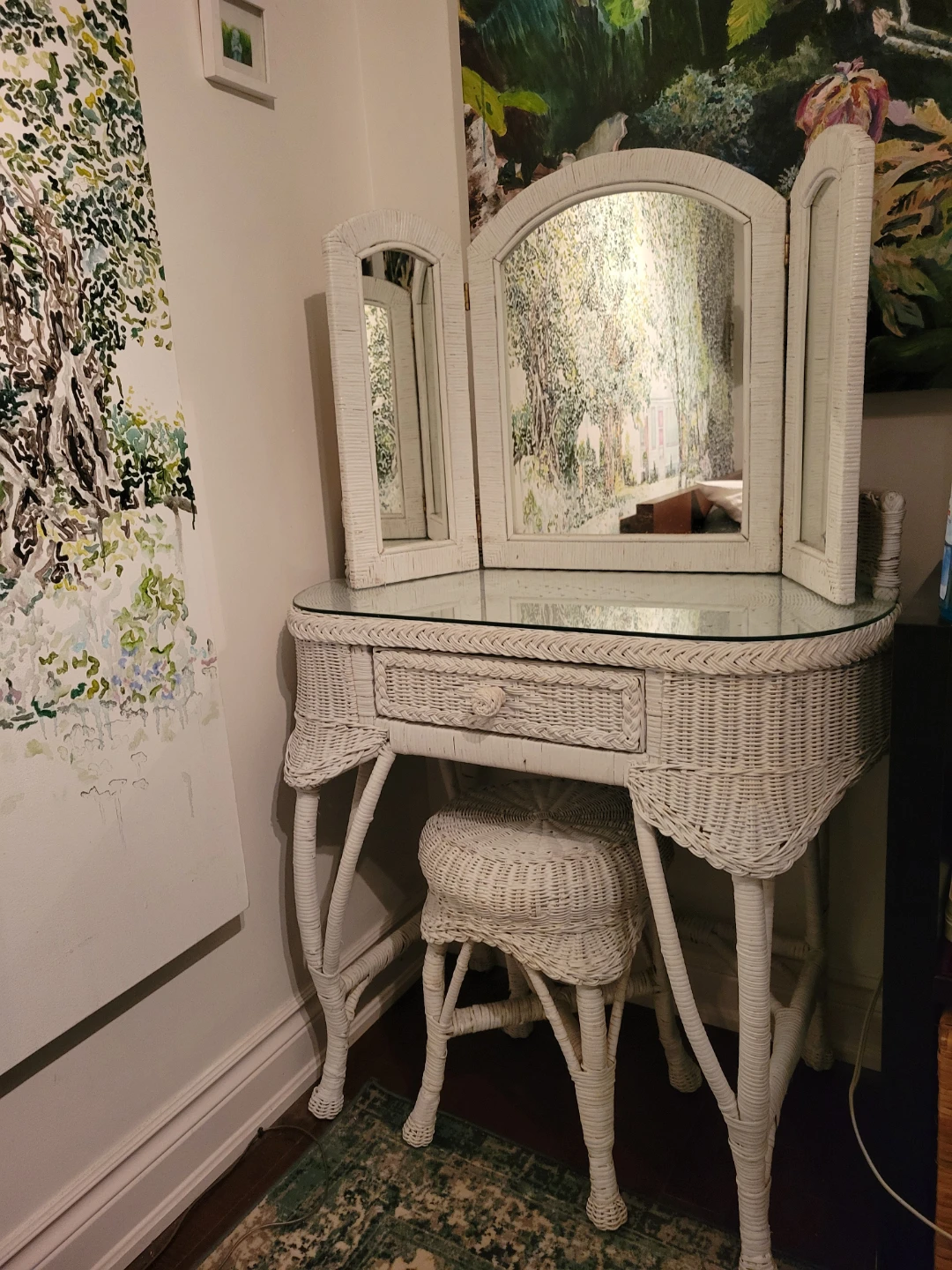 Glass Top White Wicker Vanity Table w/ Tri-fold Mirror and Stool