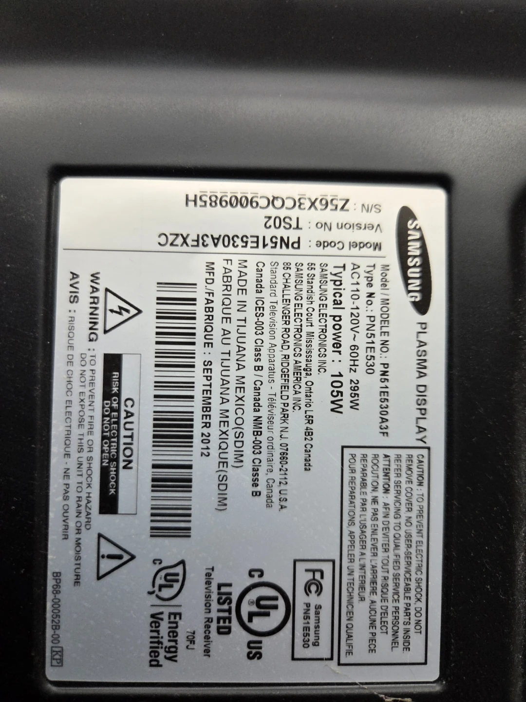 Free Samsung PN51E530A3F Plasma TV needs repair - photo 4