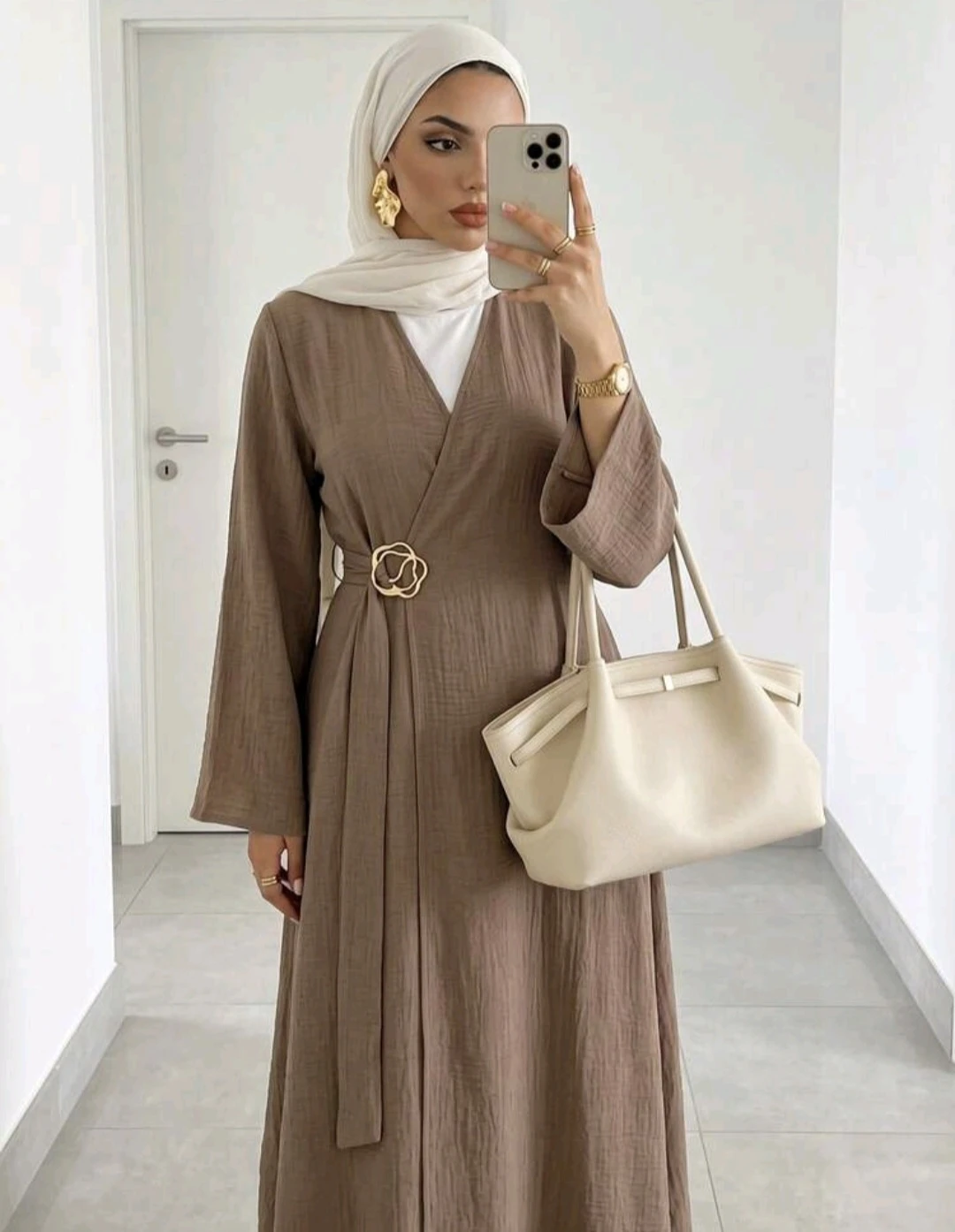 Brown Crinkle Abaya with Gold Buckle