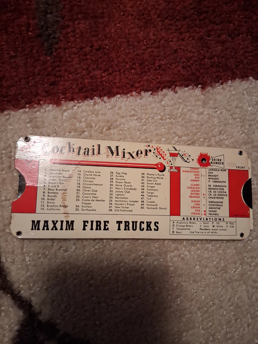 Vintage Maxim Fire Trucks Cocktail Mixer Slide Chart