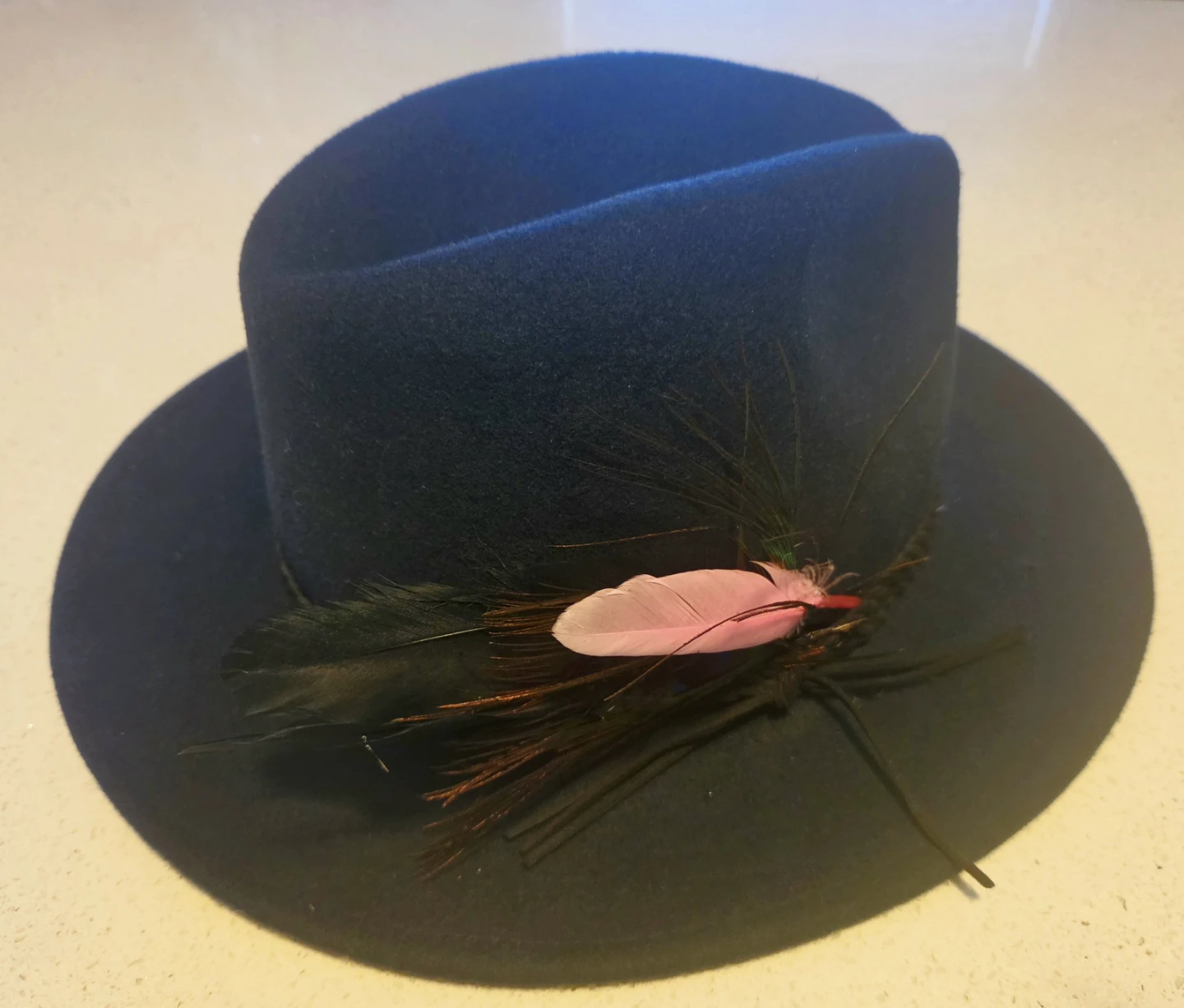 Navy Blue Fedora with Decorative Feathers