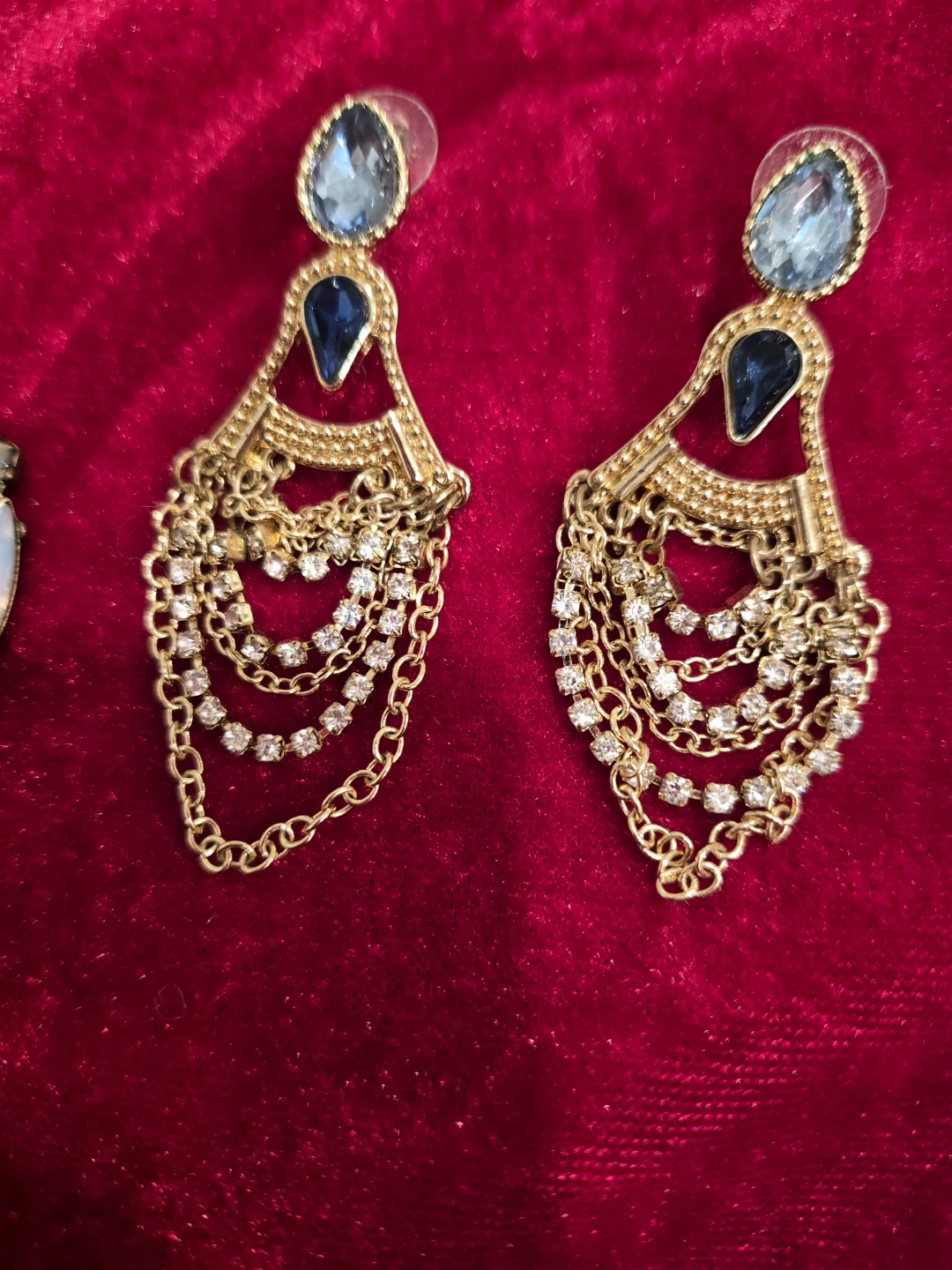 Gold-tone Blue Crystal Dangle Earrings