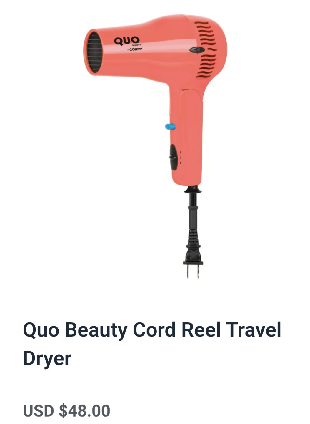 Brand New Quo Beauty Cord Reel Travel Hair Dryer