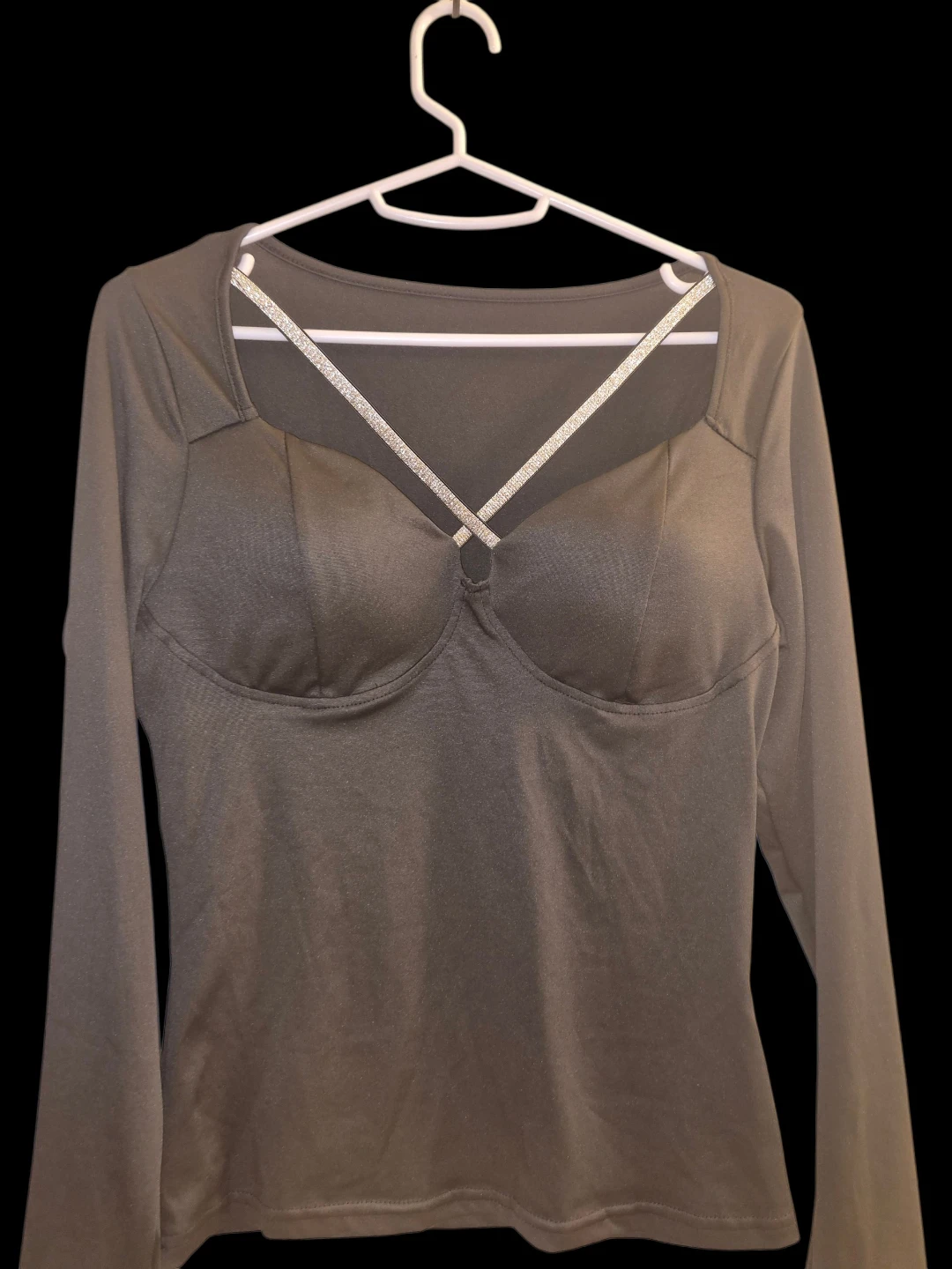 Long Sleeve Rhinestone Strap Sweetheart Neck Top
