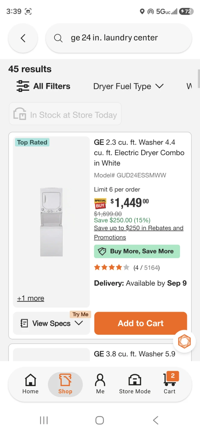 New GE GUD24ESSMWW 24" Laundry Center Electric 220 volts