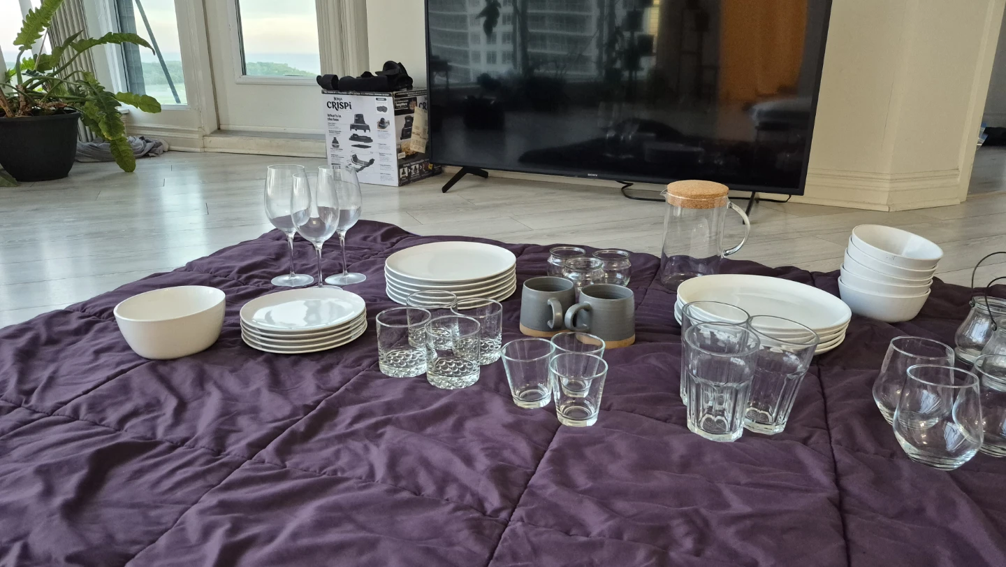 $15 everything. Selling glasses. Plates. Wine glasses.