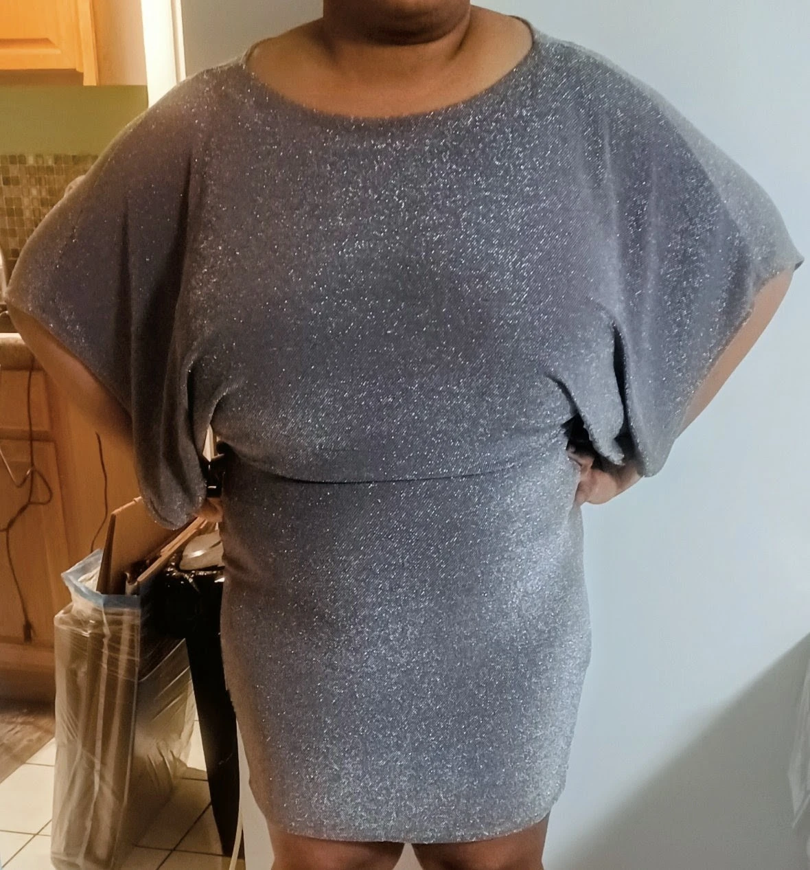 Sparkly Silver Dolman Sleeve Mini Dress