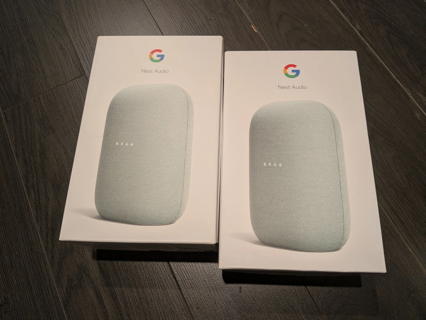 Two Google Nest Audio Smart Speakers