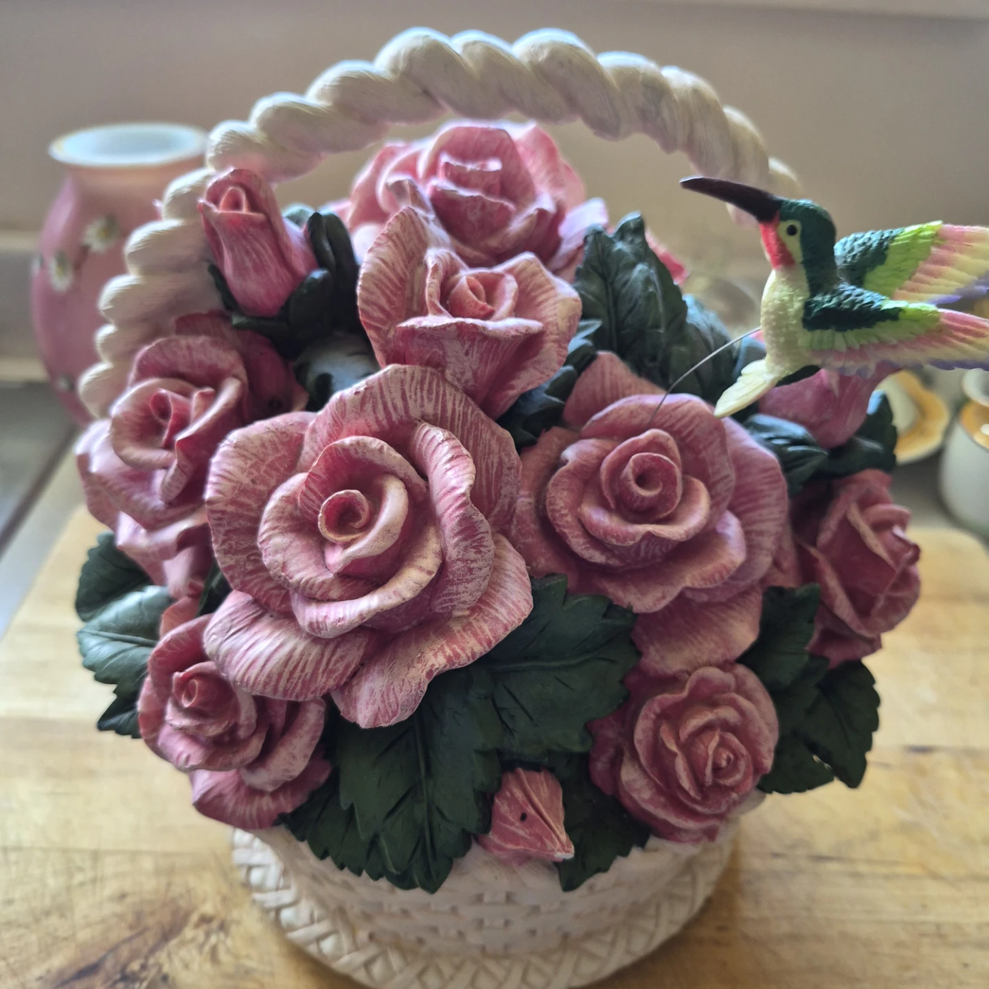 Rose Basket Music Box with Hummingbird