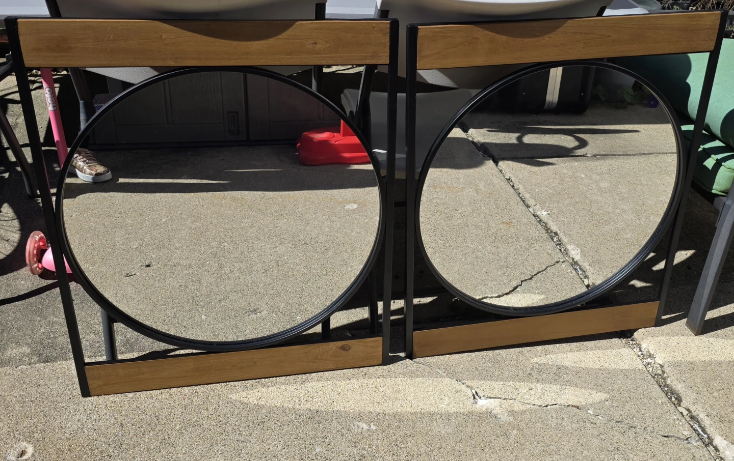 Set of Two Modern Industrial Round Mirrors
