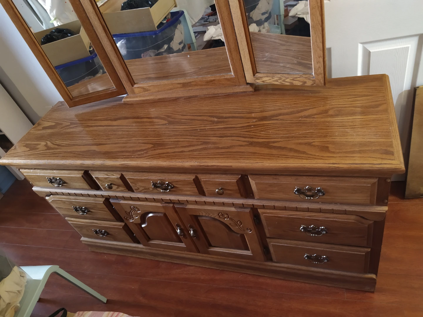 Vintage Wooden Dresser with Tri-Fold Mirror