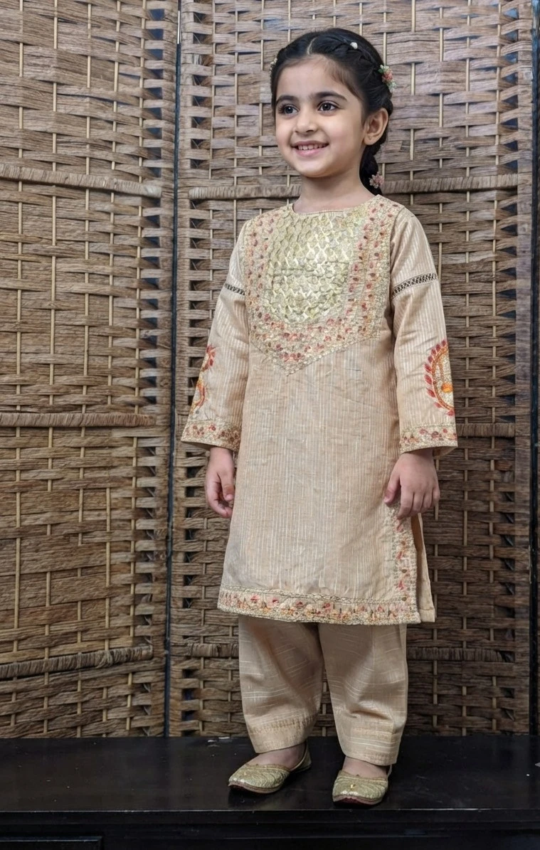 Girls beige embroidered traditional suit set