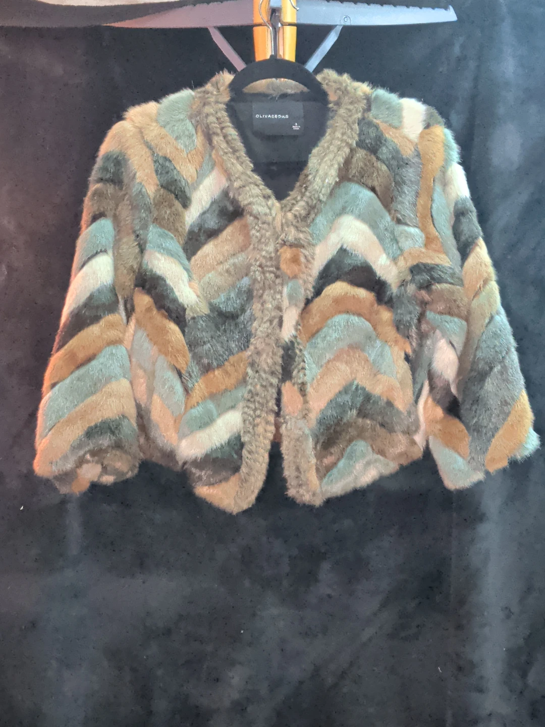 Olivaceous Chevron Faux Fur Jacket