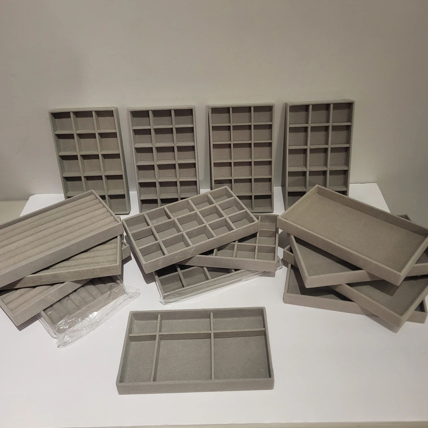 Set of 16 grey velvet jewelry organizer trays