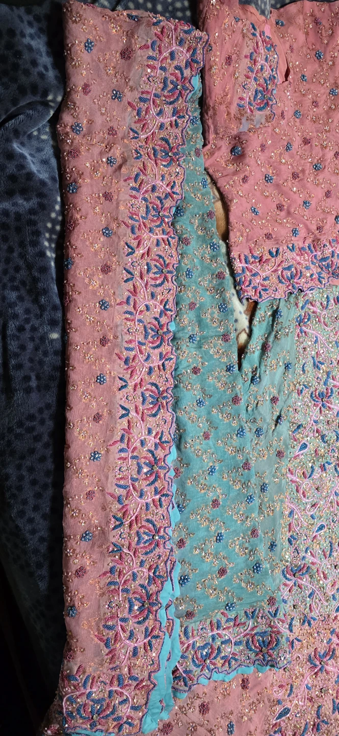 Embroidered Pink and Aqua Blue Bridal Lehenga Set - photo 2