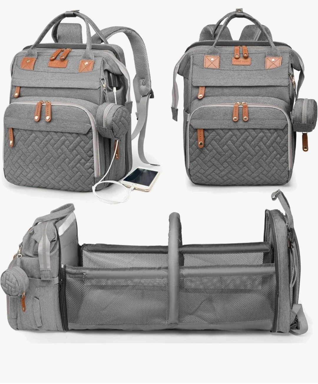 Grey Baby Diaper Bag Backpack with Portable Bassinet