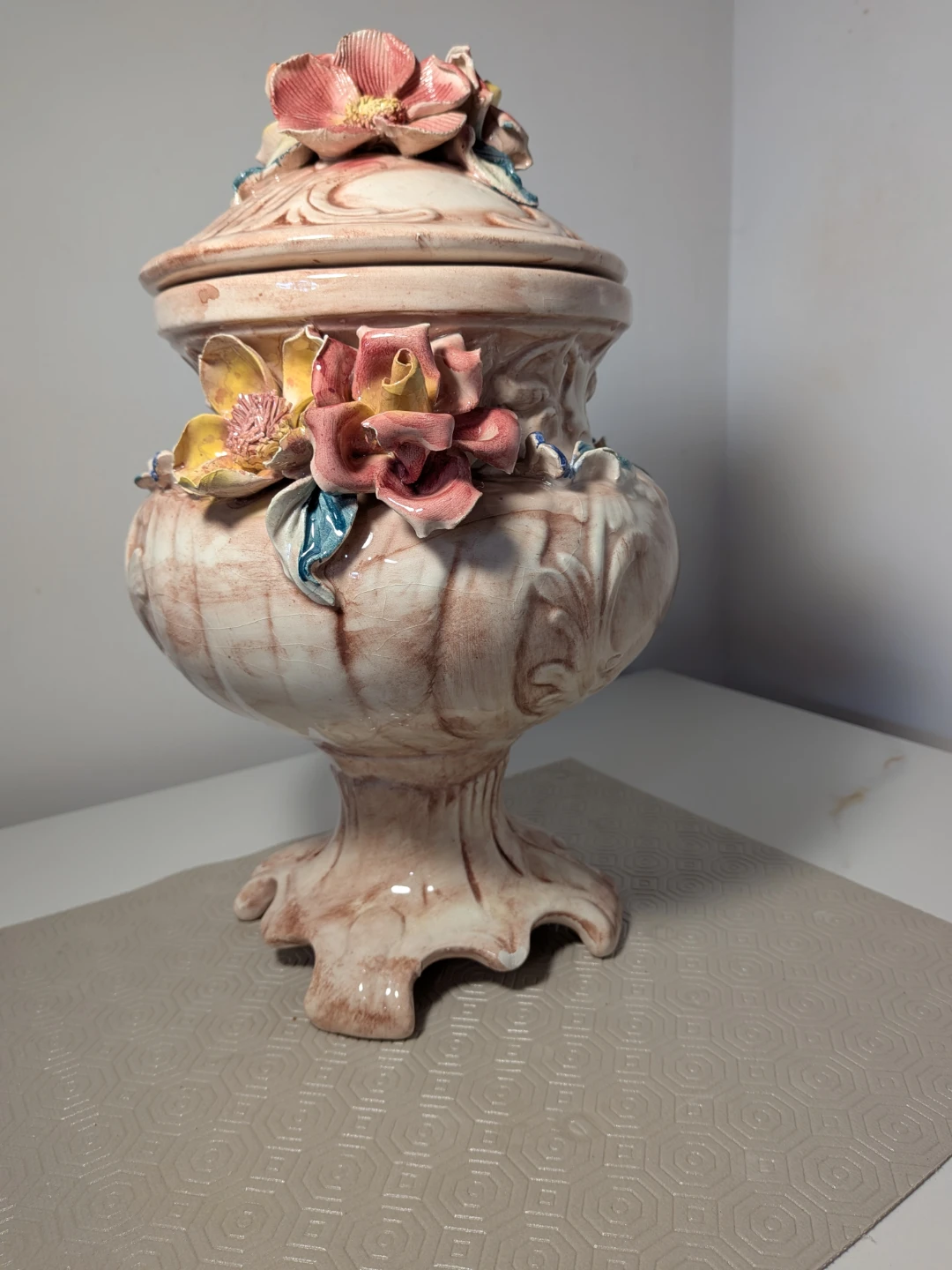 Vintage Ceramic Urn with Floral Appliqués