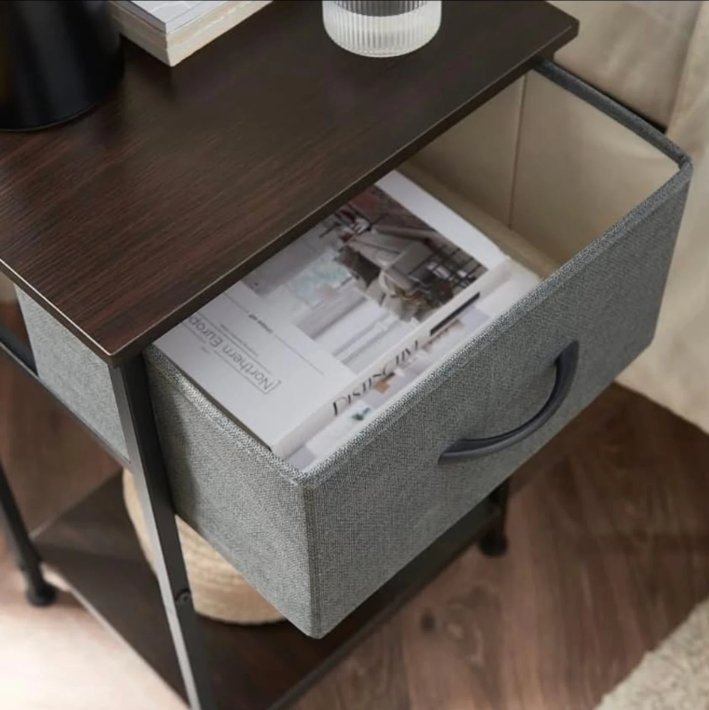 Set of 2 - Gray Fabric Drawer Nightstand with Metal Frame - photo 4