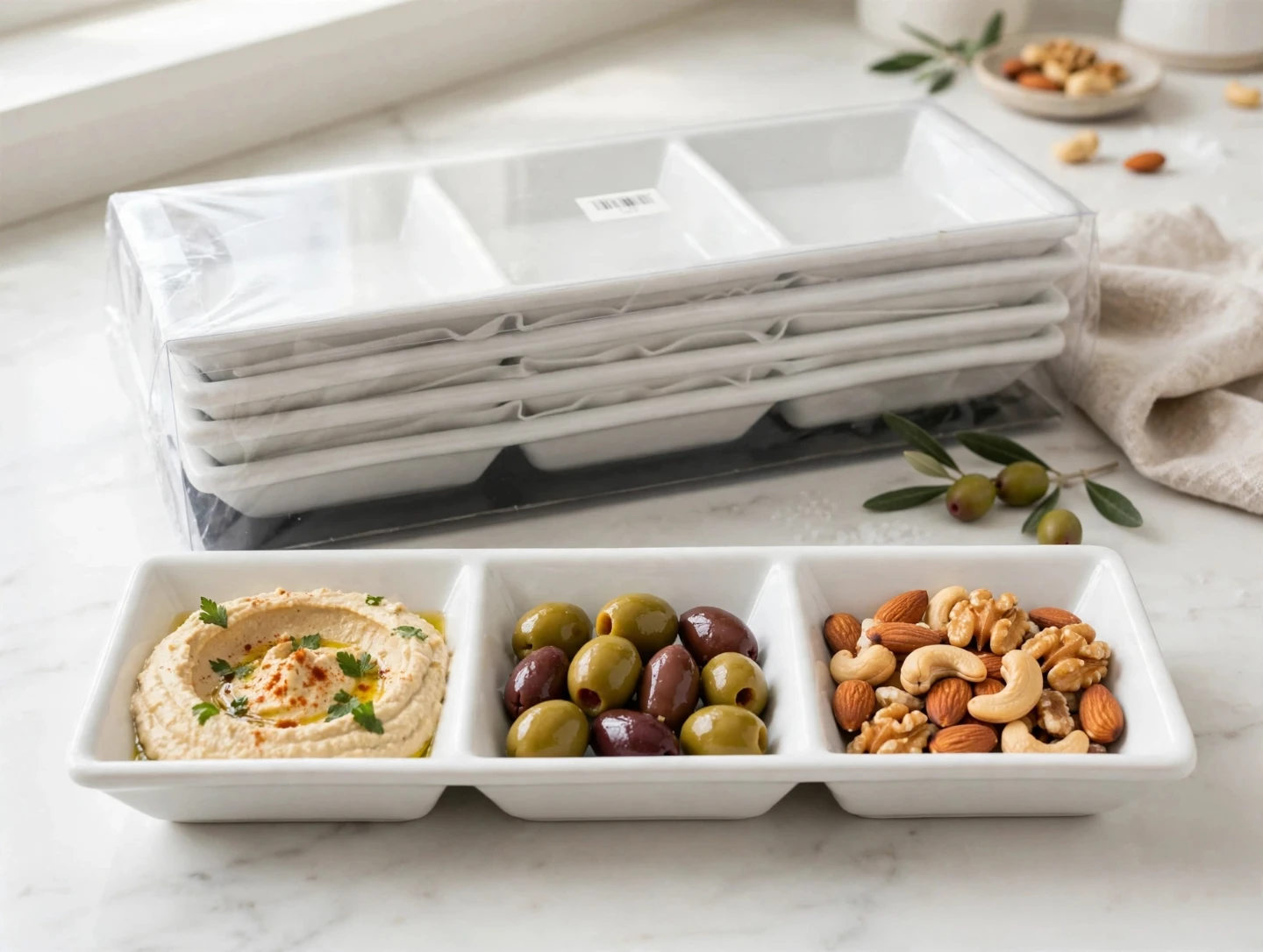 Set of 4 Modern White Ceramic 3-Compartment Serving Trays