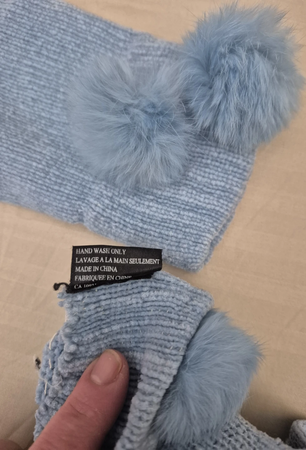 Light Blue rabbit fur Pom Pom Scarf and Gloves Set - photo 2
