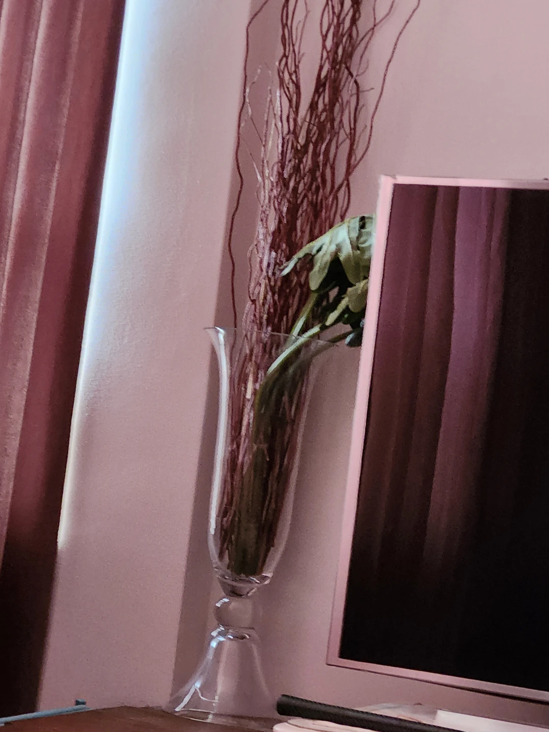 Clear glass pedestal vase with decorative branches - photo 3
