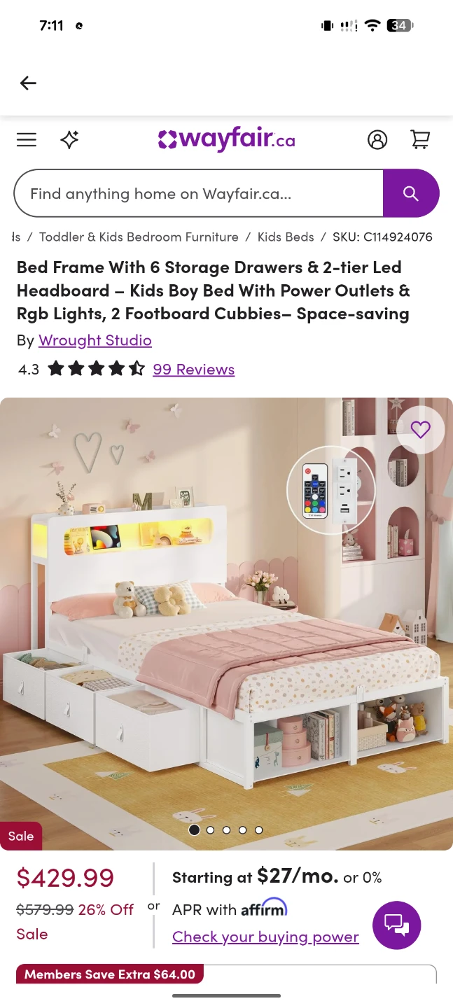 Wrought Studio Kids Bed Frame with Storage and LED Headboard