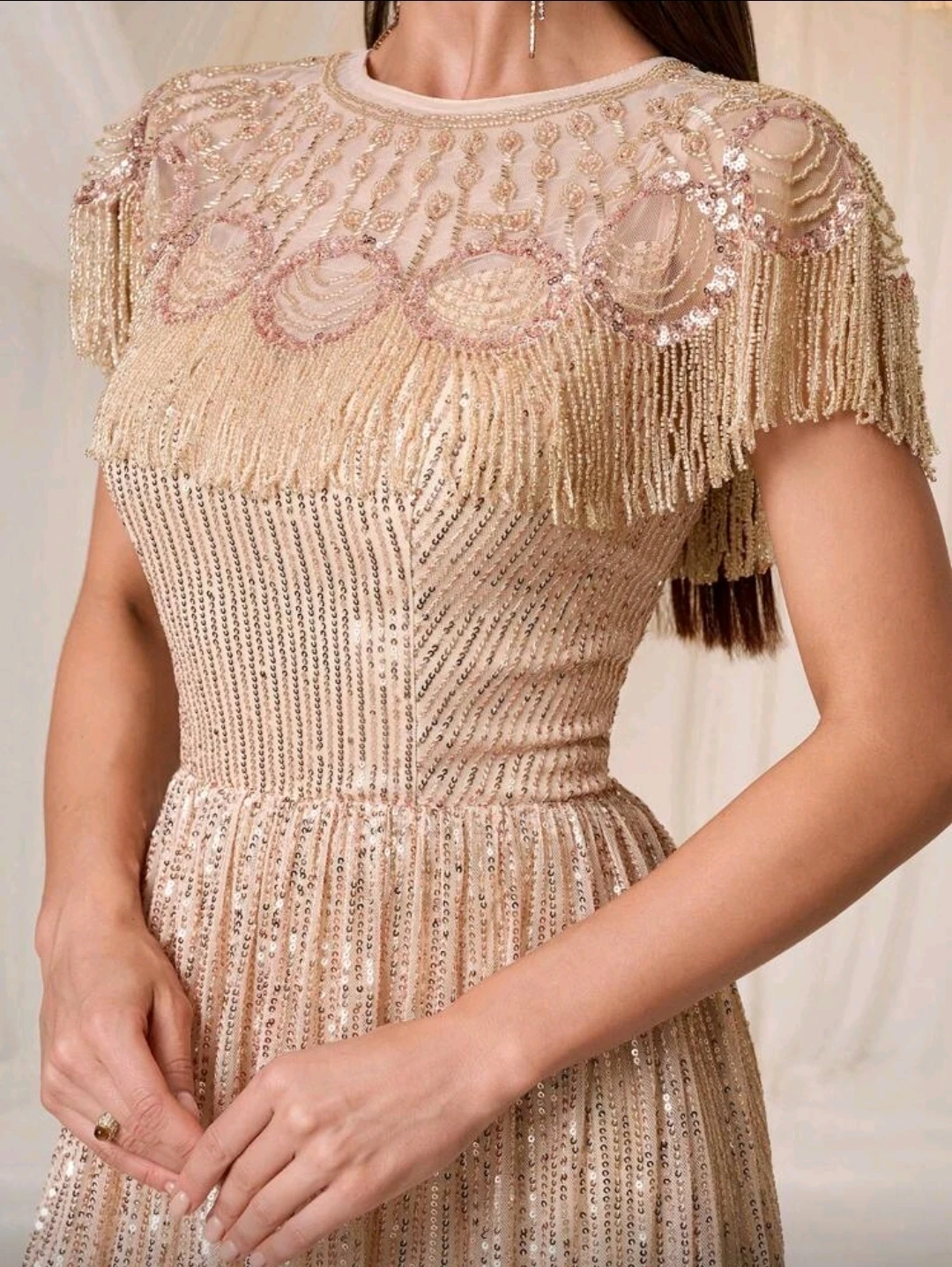 Champagne Sequin Fringe Evening Gown - photo 2