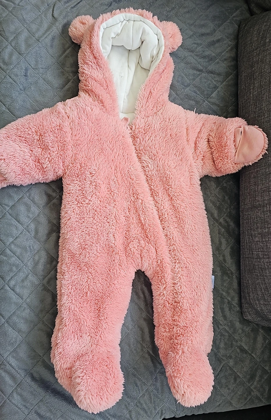 Pink faux fur bear snowsuit