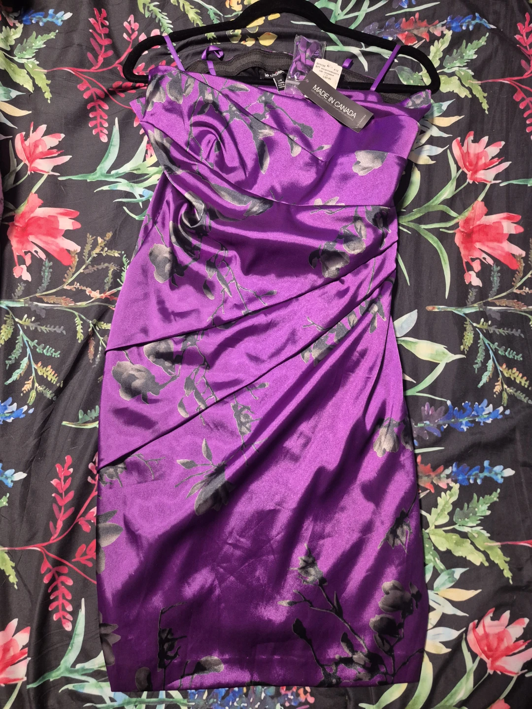 Le Chateau Purple Floral Satin Ruched Dress