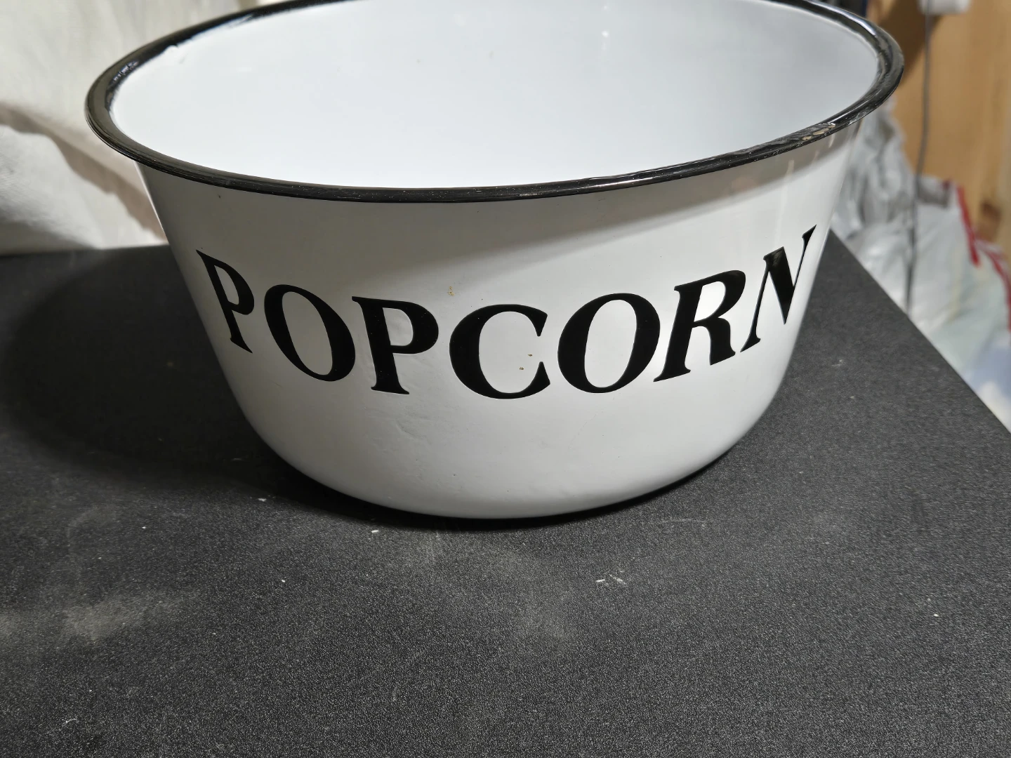 White Enamel Popcorn Bowl