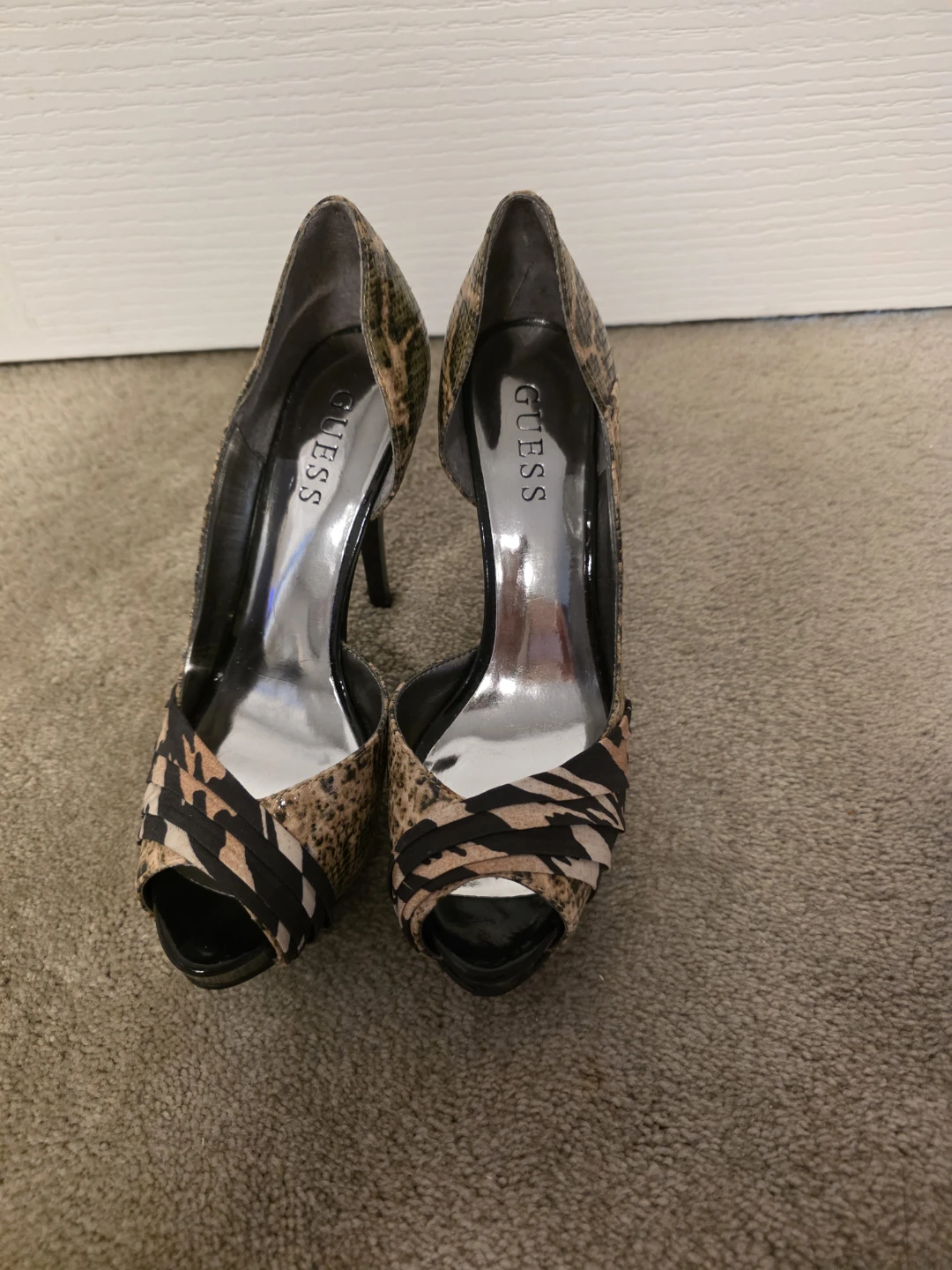 GUESS Snakeskin Print Peep-Toe Heels