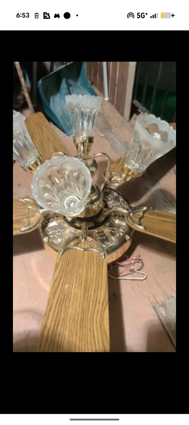 Vintage Brass Ceiling Fan with Wood Blades
