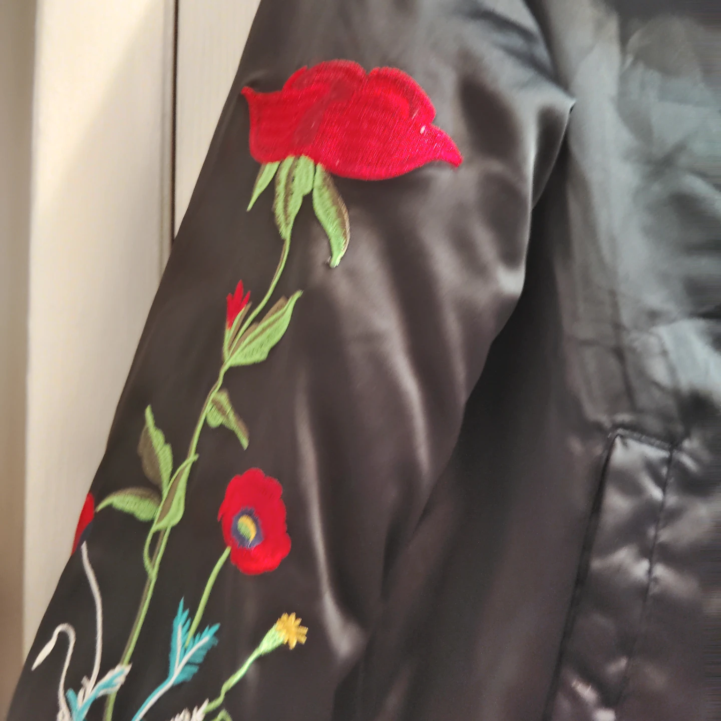 La Babité Black Satin Bomber Jacket with Red Floral Embroidery - photo 3