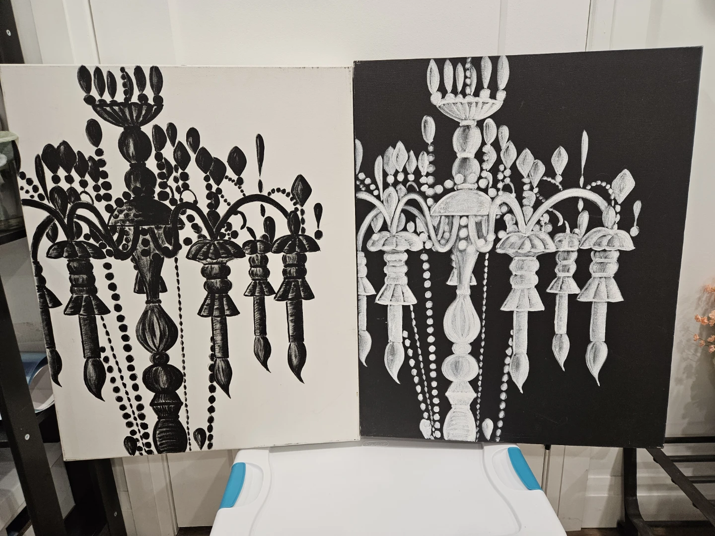 Set of Two Black and White Chandelier Canvas Art
