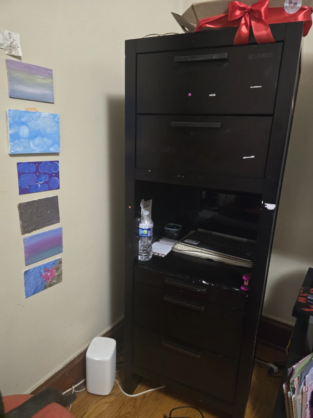 Tall Black Wooden Storage Tower with Drawers