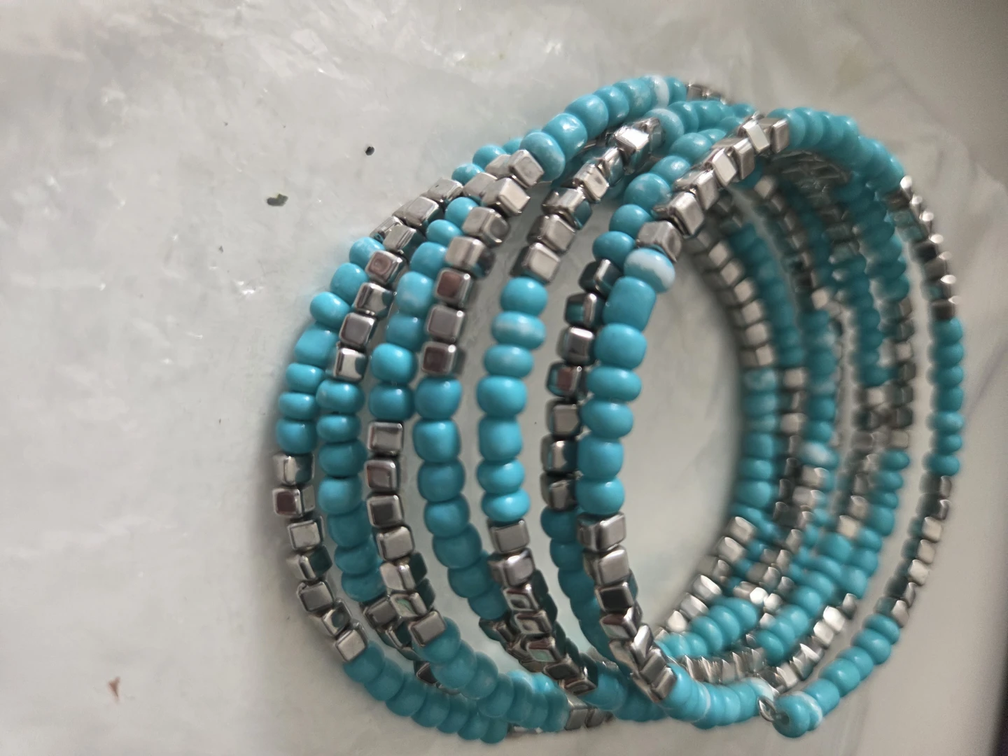 Turquoise and Silver Beaded Coil Bracelet - photo 5