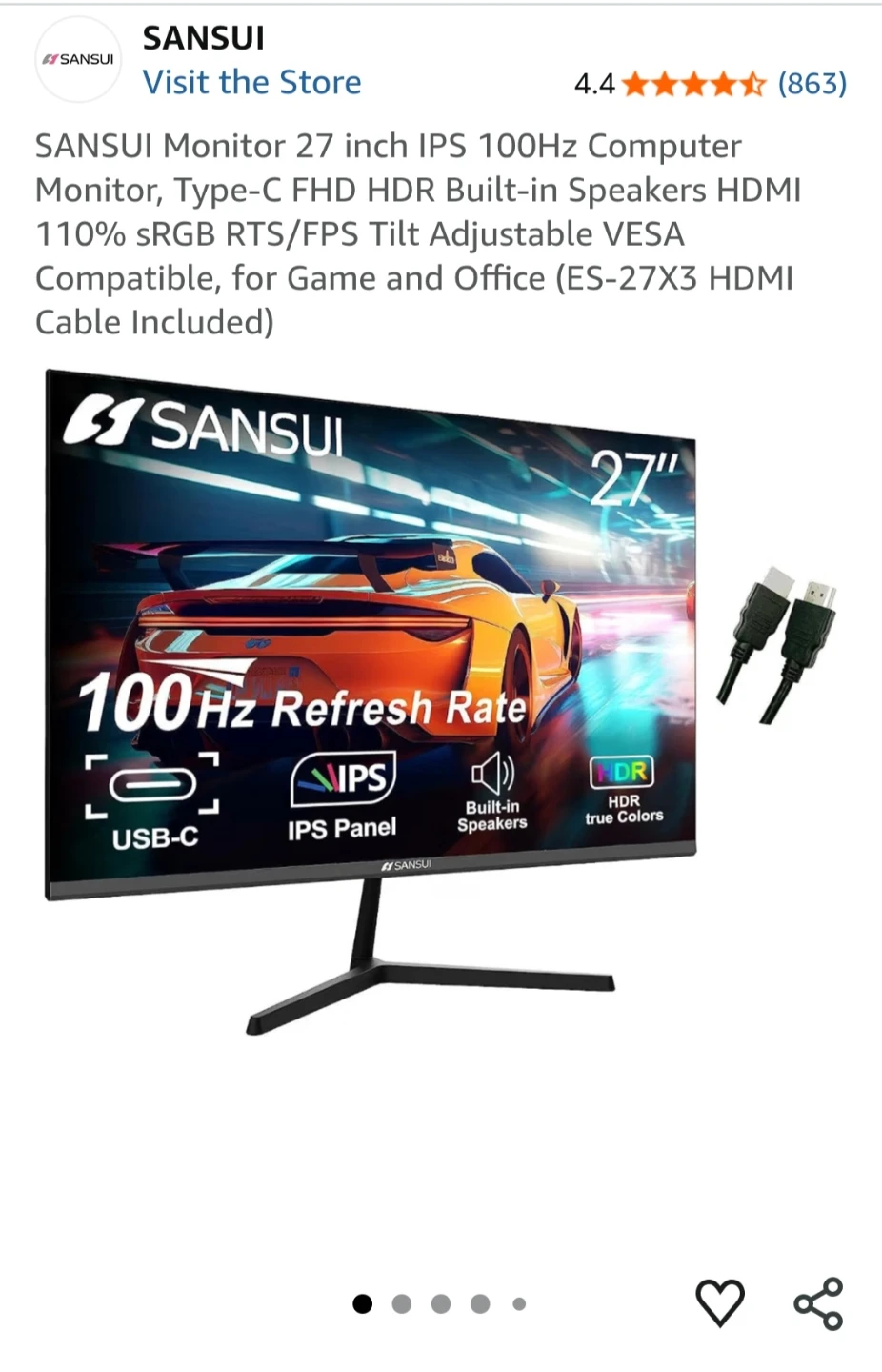 SANSUI 27” IPS 100Hz Monitor – USB-C / Speakers – Box Included