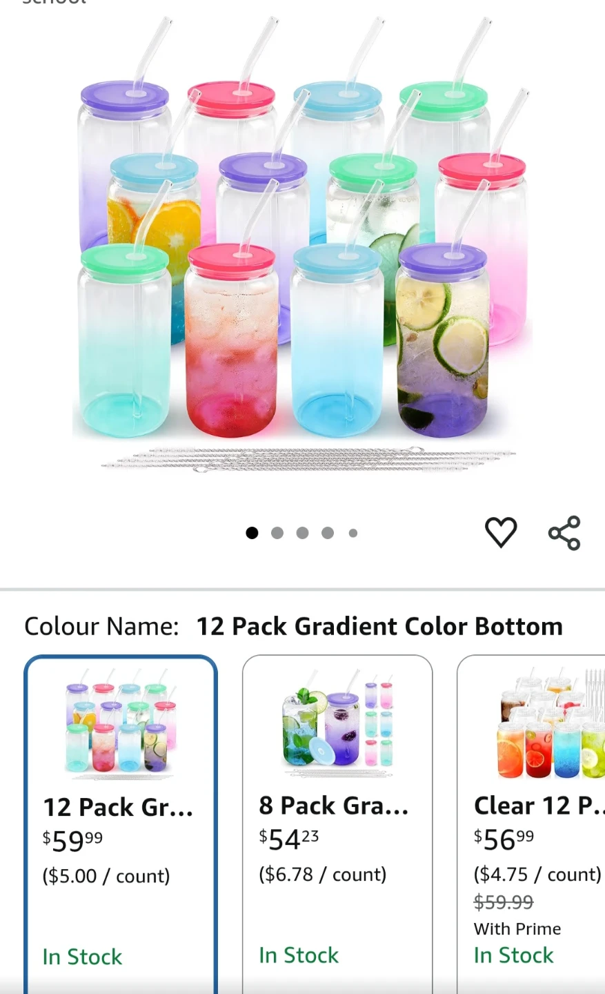 12 Pack Gradient Colour Glass Cups with Lids and Straws