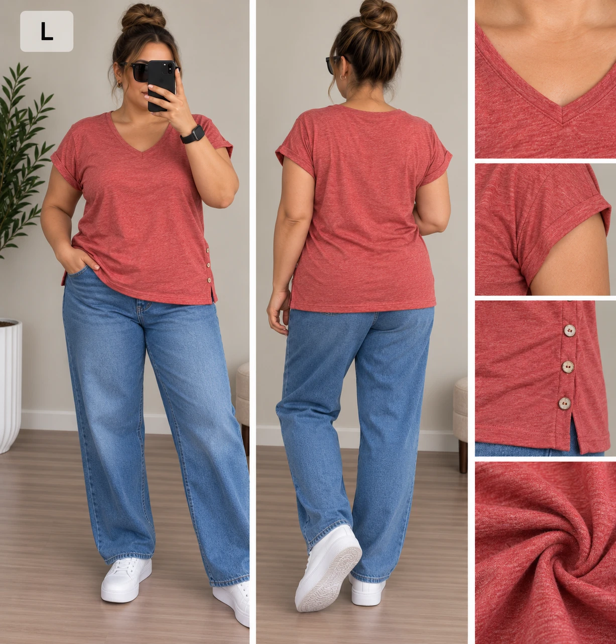 Size L coral color V-Neck T-Shirt with Side Buttons