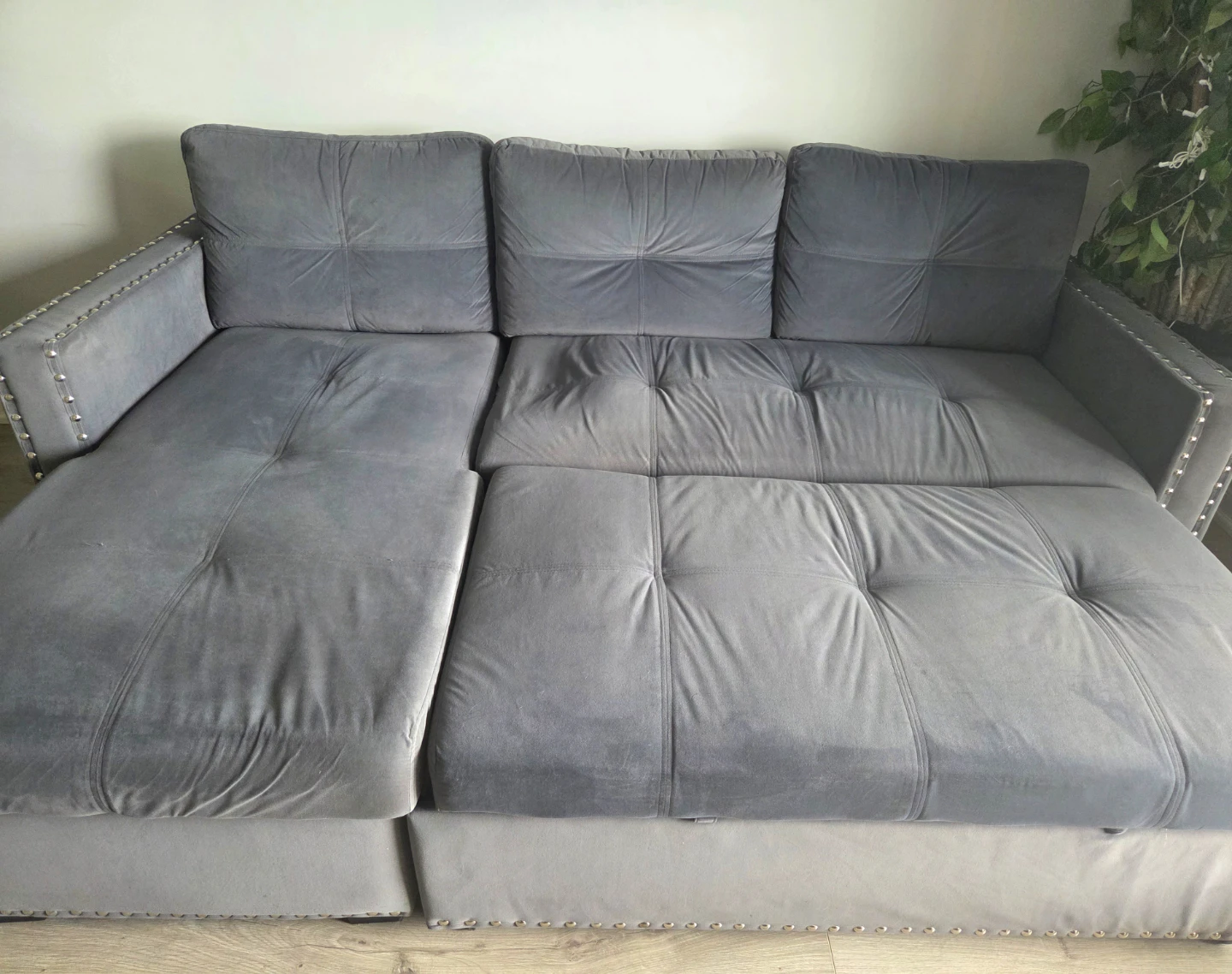 Grey Velvet Pull out Sectional Sofa Bed with Storage - photo 4
