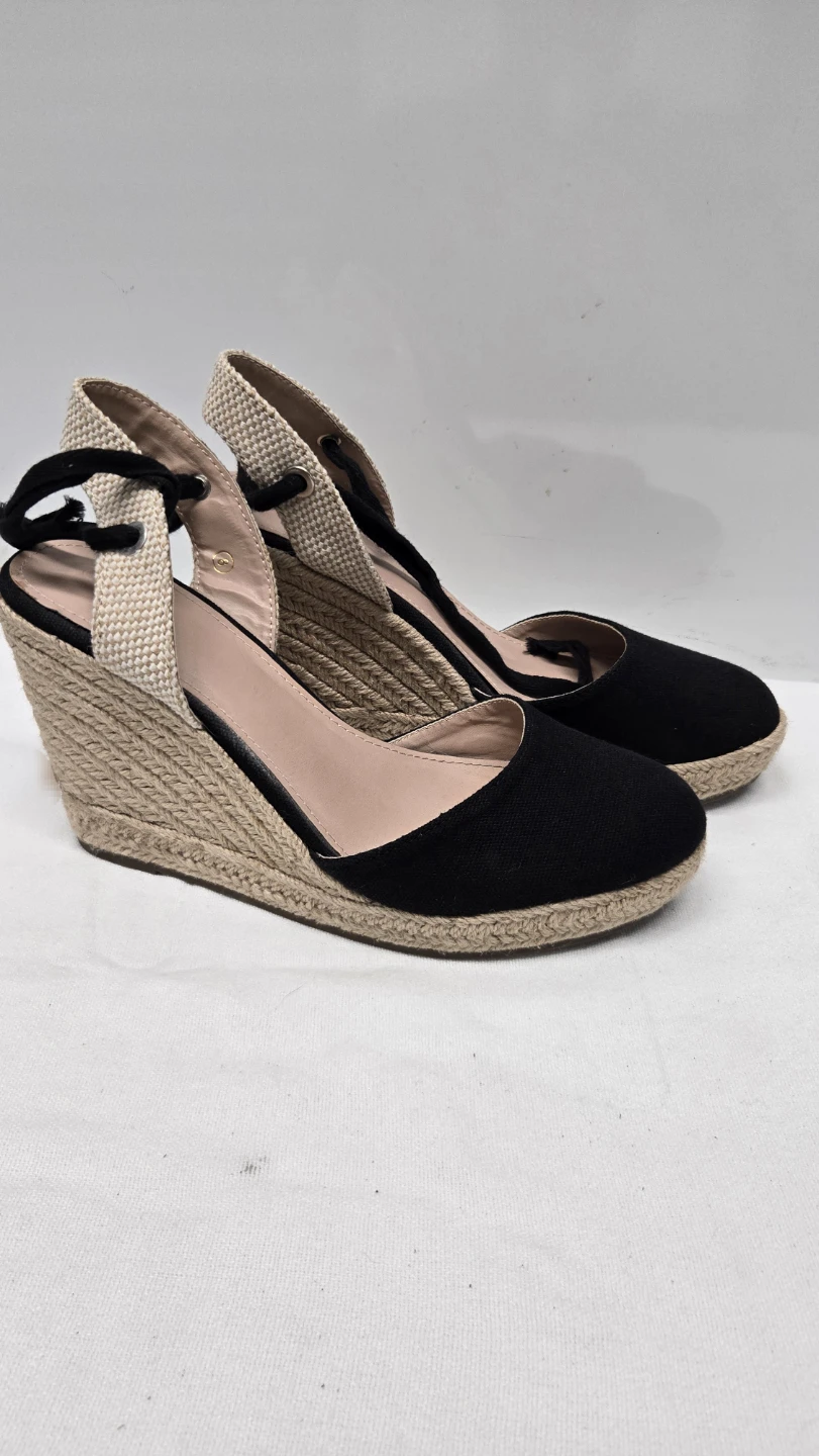 ZBY Black/Beige Espadrille Wedge Heels Closed Toe Ankle Tie S. 8 - photo 3