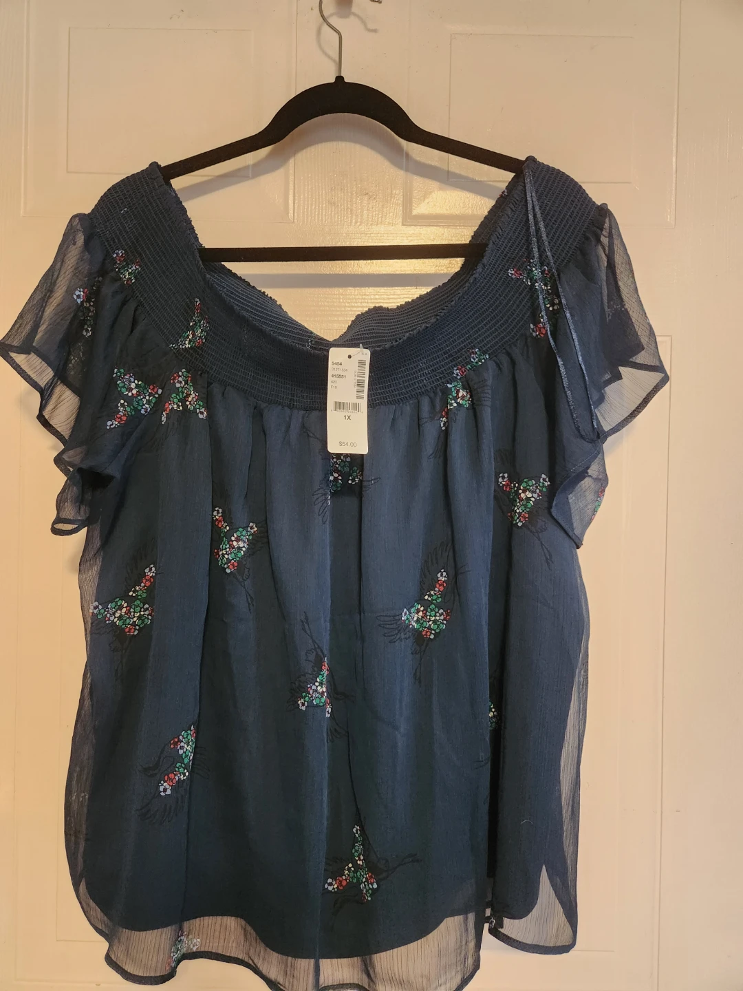 Blue Floral Hummingbird Print Blouse