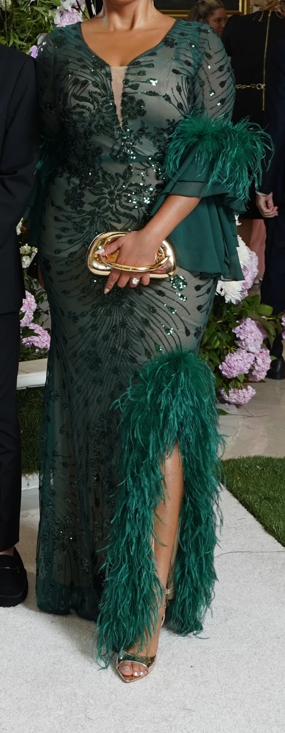 Dark Green Sequin and Feather Evening Gown