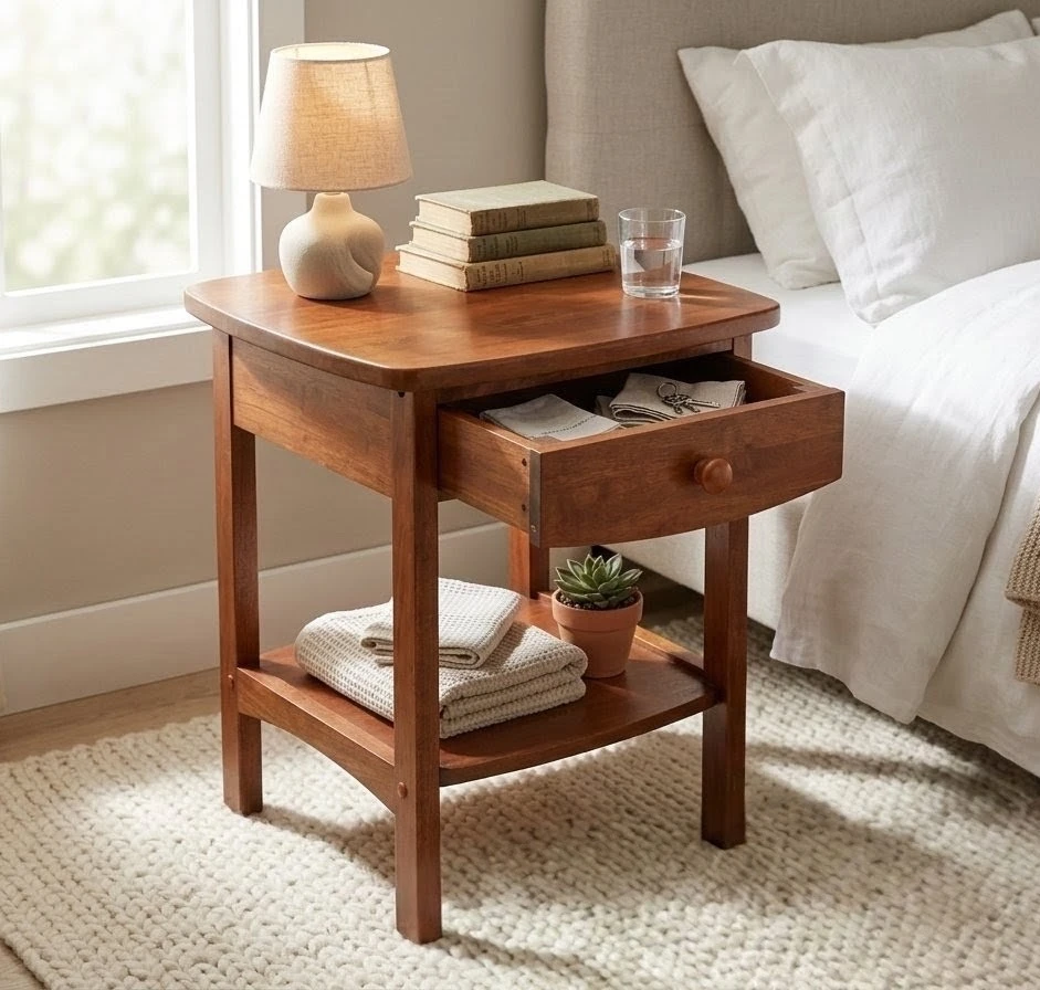 Vintage Warm Solid Wood Nightstand / Bedside Table with Drawer