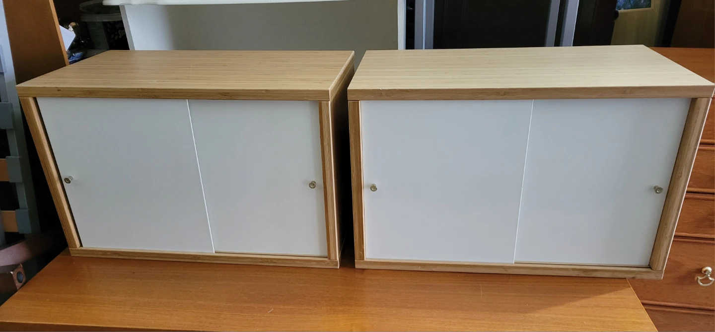 Beautiful Pair of IKEA Bamboo & White Sliding Door Cabinets - photo 2