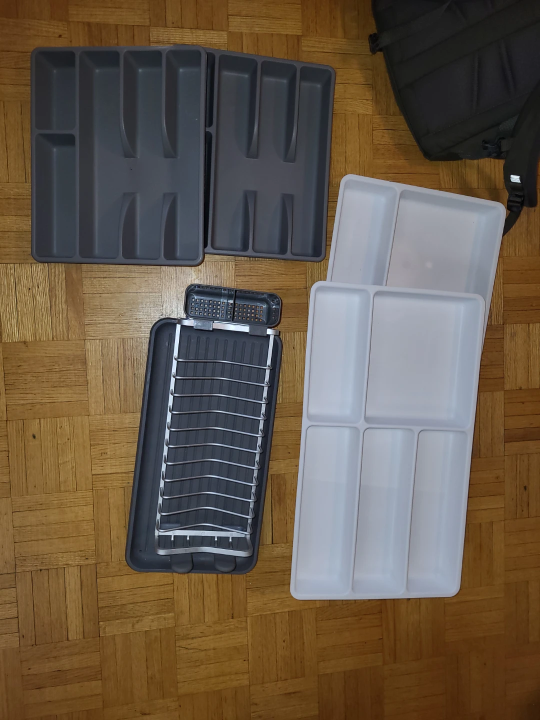 Grey and White Drawer Organizers and Dish Rack