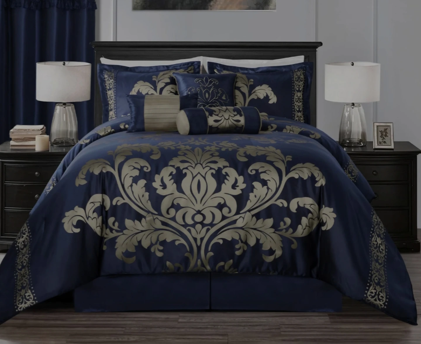 Navy and Gold Damask  queen Bedding Set