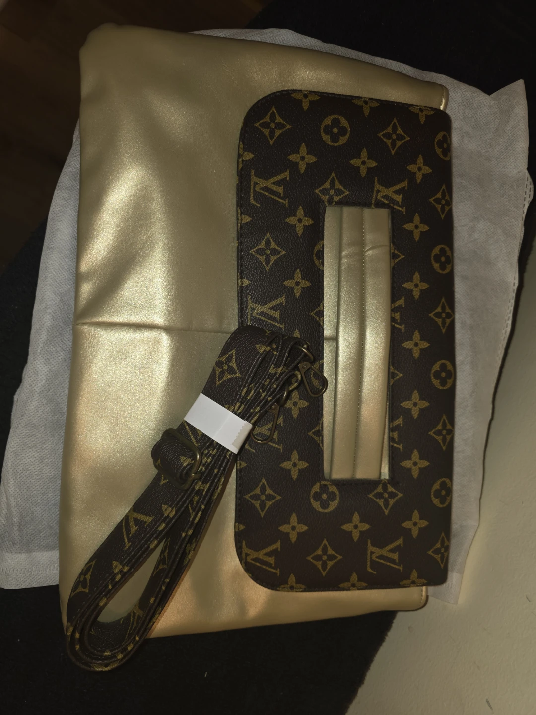 Gold and Brown Logo Print Shoulder Bag