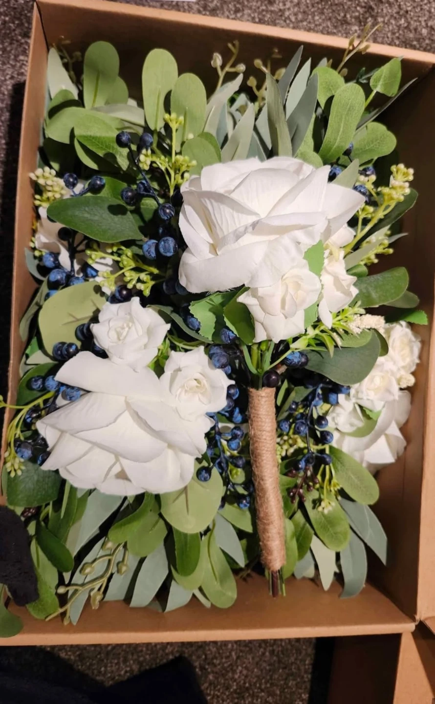 Artificial Floral Bouquets with White Roses and Blue Berries