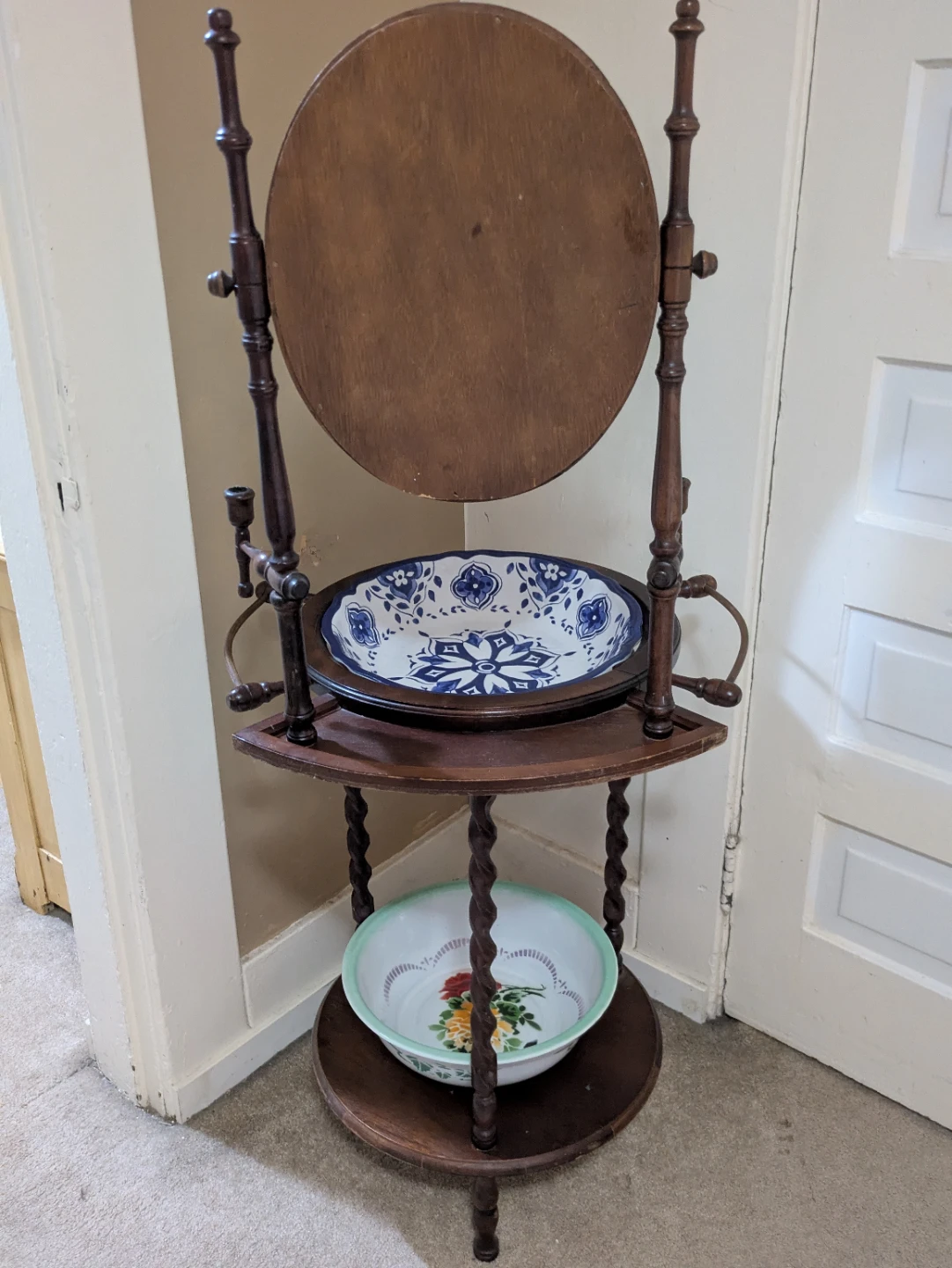 Vintage Wooden Washstand with Mirror and Basins - photo 4